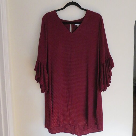 Calvin Klein | Size 14 | Red Burgundy Houndstooth Ruffle Sleeve Cocktail Dress - Picture 1 of 12